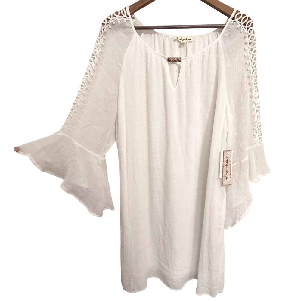 Indigo Rose White Crochet Lace Bell Sleeve Tunic Dress Gold Detail Large NWT